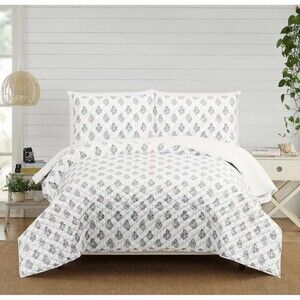 RARE Modern Heirloom 3pc King Block Print Quilt Set Blue NEW